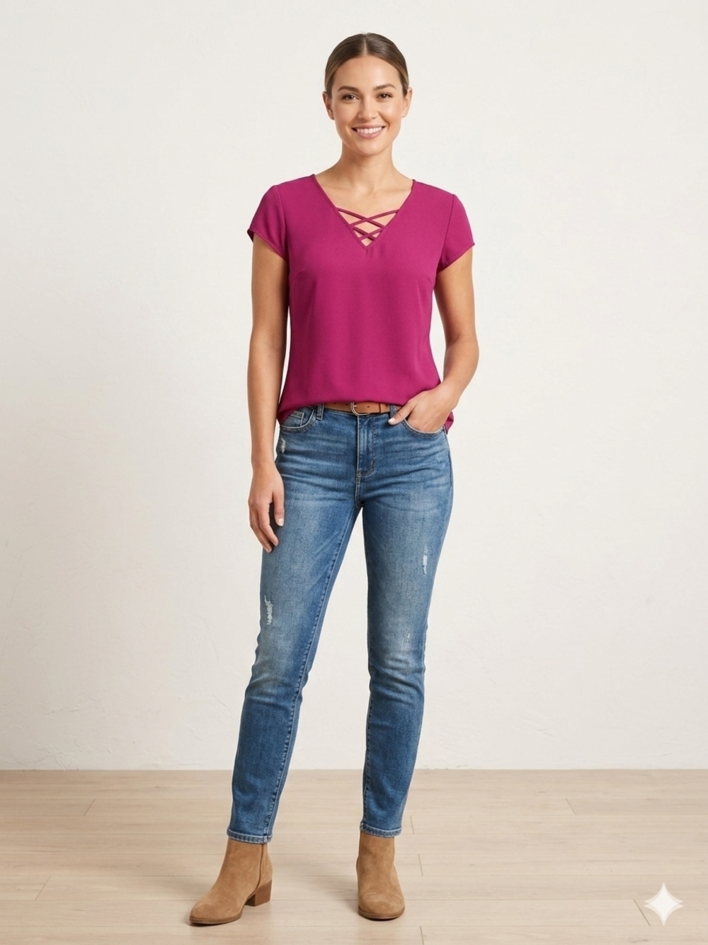 Dynamite Crisscross V-Neck Blouse in Fuchsia